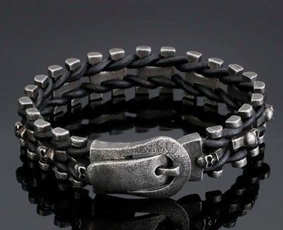 Мужской браслет из стали и кожи "Черепа". С15646 С15646 фото
